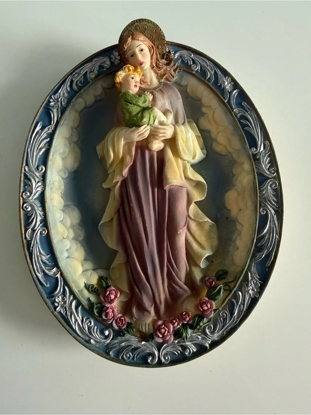 Vintage Madonna & Child Resin 3D Oval Wall Plaque